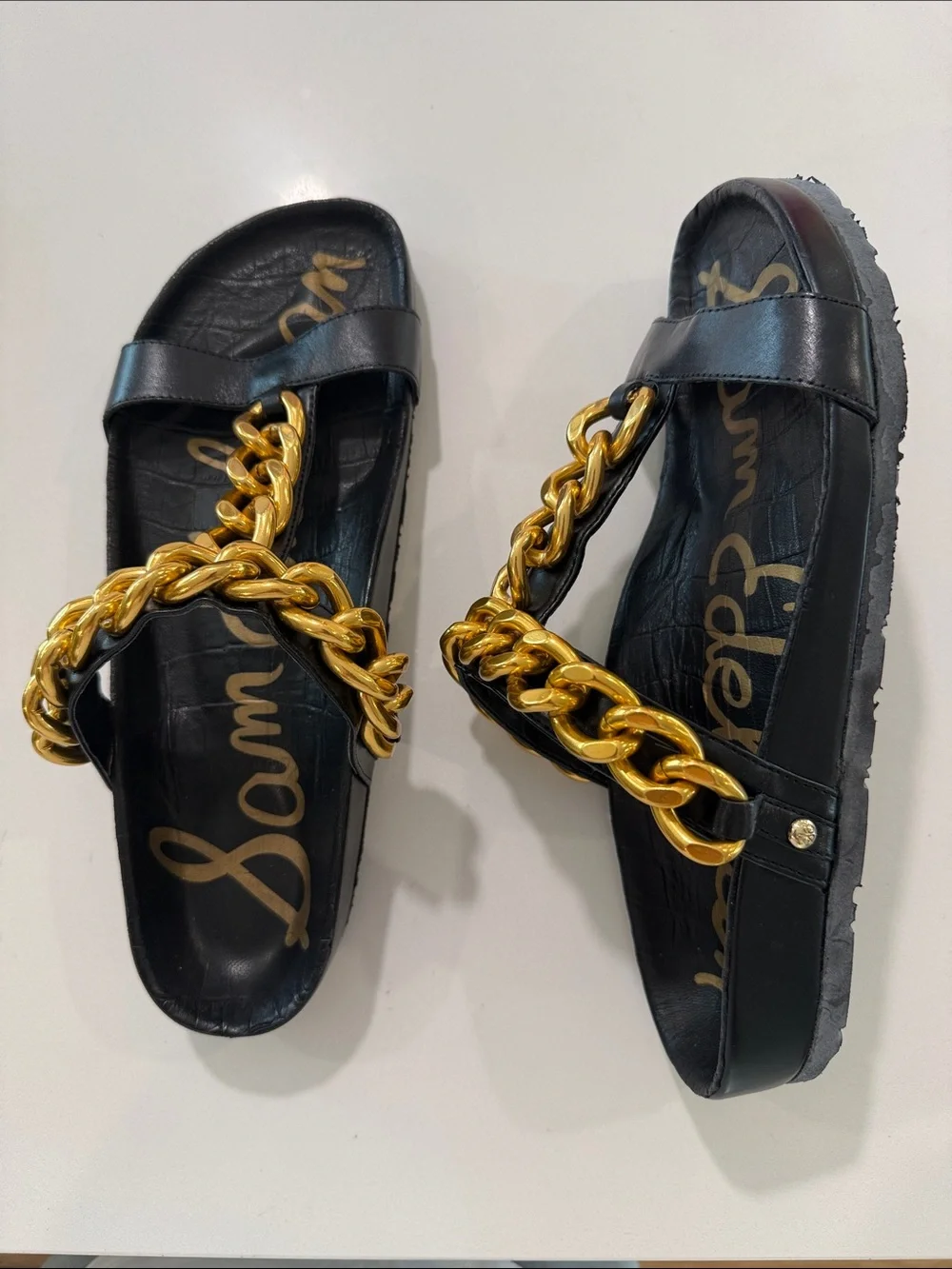 Sam Edelman Black Leather Slide Sandals with Gold Chain Trim - Picture 2 of 6